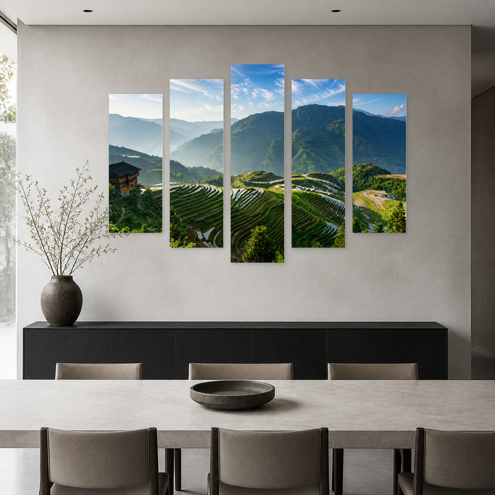 Terraced Rice Fields in Vivid Color — five-panel wall art in alternate frontal interior | 5wallart 55601 M4