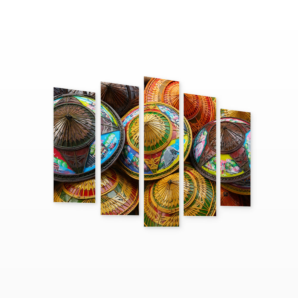 Colorful Straw Hats with Geometric Rhythm — five-panel wall art on white background in perspective | 5wallart 55602 M1