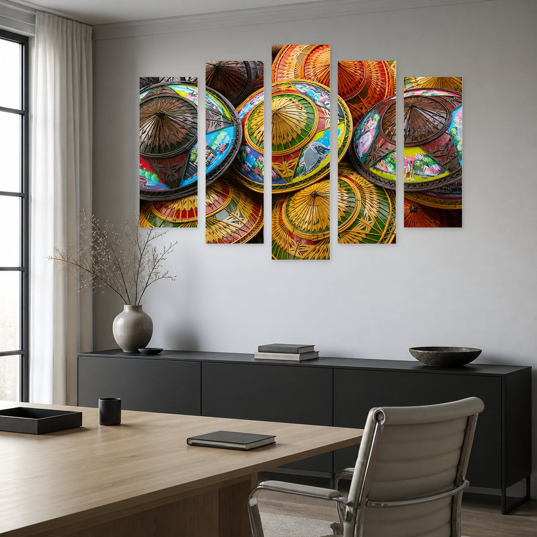 Colorful Straw Hats with Geometric Rhythm — five-panel wall art in frontal interior | 5wallart 55602 M3