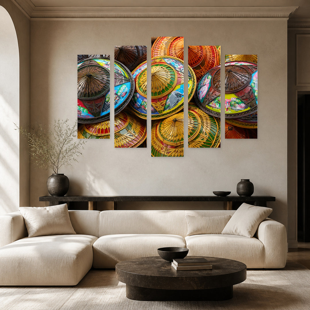 Colorful Straw Hats with Geometric Rhythm — five-panel wall art in alternate frontal interior | 5wallart 55602 M4