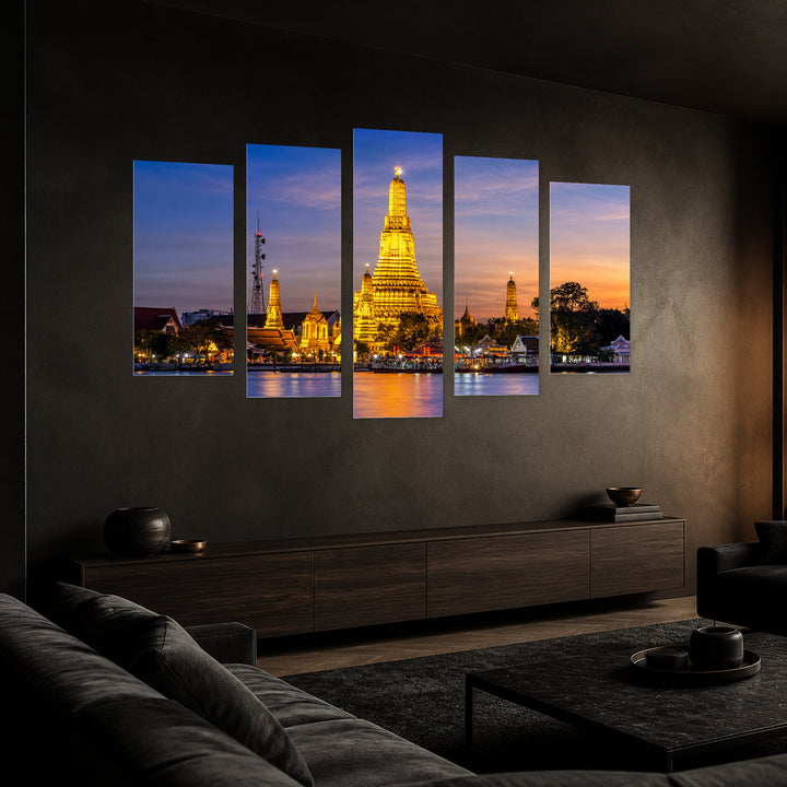 Bangkok, Thailand at Night — five-panel wall art in perspective interior | 5wallart 55603 M2