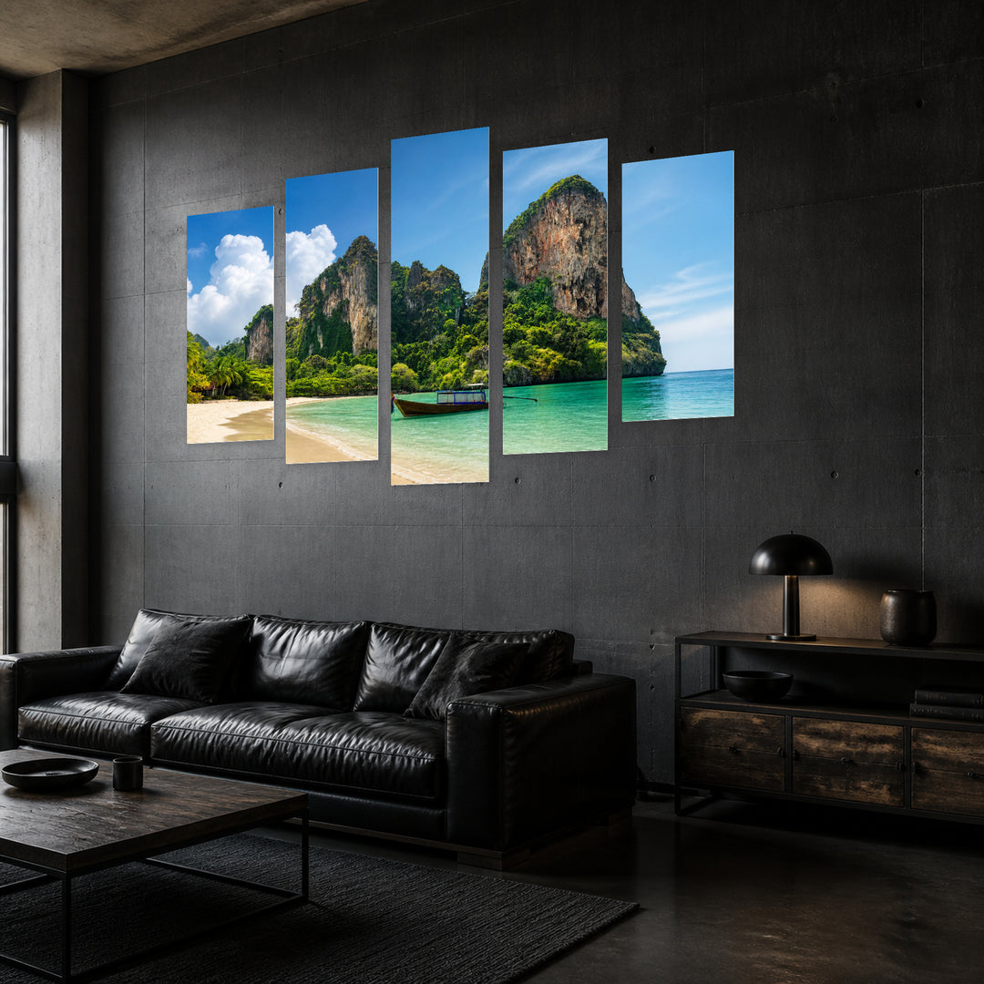 Beach in Thailand in Serene Light — five-panel wall art in perspective interior | 5wallart 55604 M2
