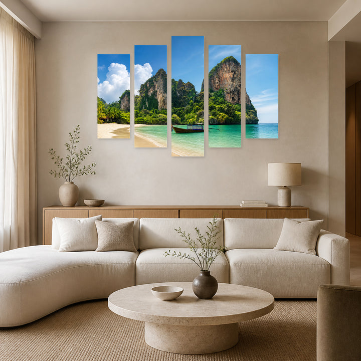 Beach in Thailand in Serene Light — five-panel wall art in alternate frontal interior | 5wallart 55604 M4