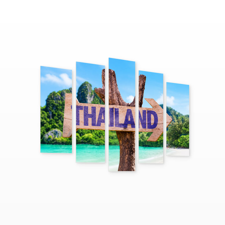 Wooden Thailand Sign in Serene Light — five-panel wall art on white background in perspective | 5wallart 55605 M1