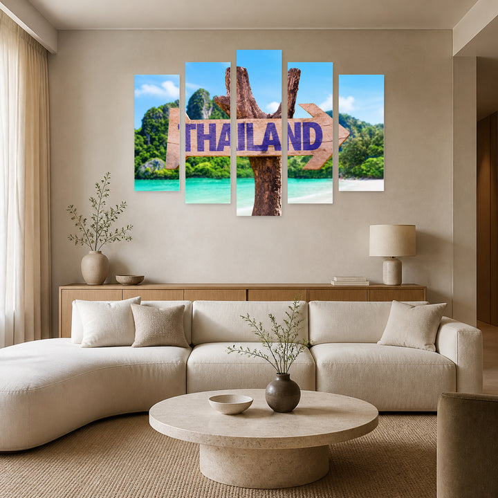 Wooden Thailand Sign in Serene Light — five-panel wall art in frontal interior | 5wallart 55605 M3