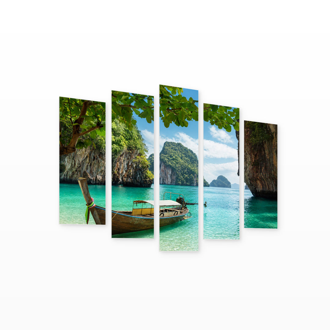 Boat on a Small Island with Dreamlike Atmosphere — five-panel wall art on white background in perspective | 5wallart 55606 M1