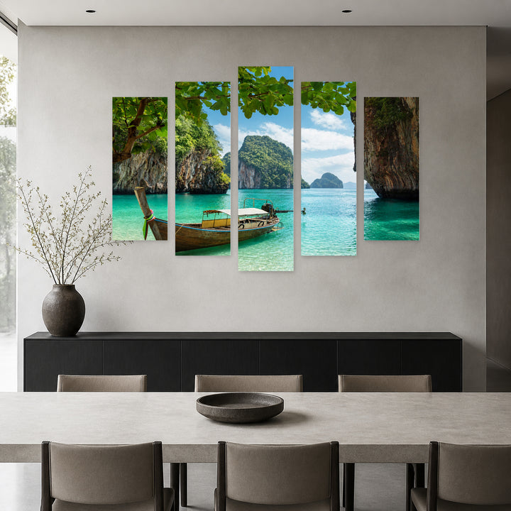 Boat on a Small Island with Dreamlike Atmosphere — five-panel wall art in frontal interior | 5wallart 55606 M3
