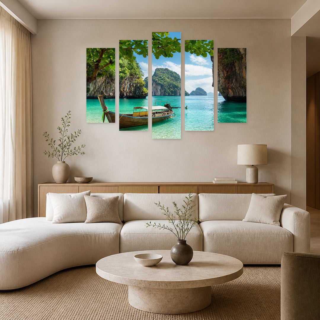 Boat on a Small Island with Dreamlike Atmosphere — five-panel wall art in alternate frontal interior | 5wallart 55606 M4