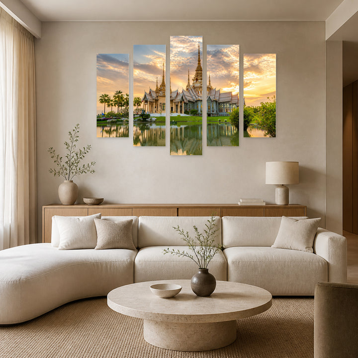 Temple in Thailand in Serene Light — five-panel wall art in frontal interior | 5wallart 55607 M3