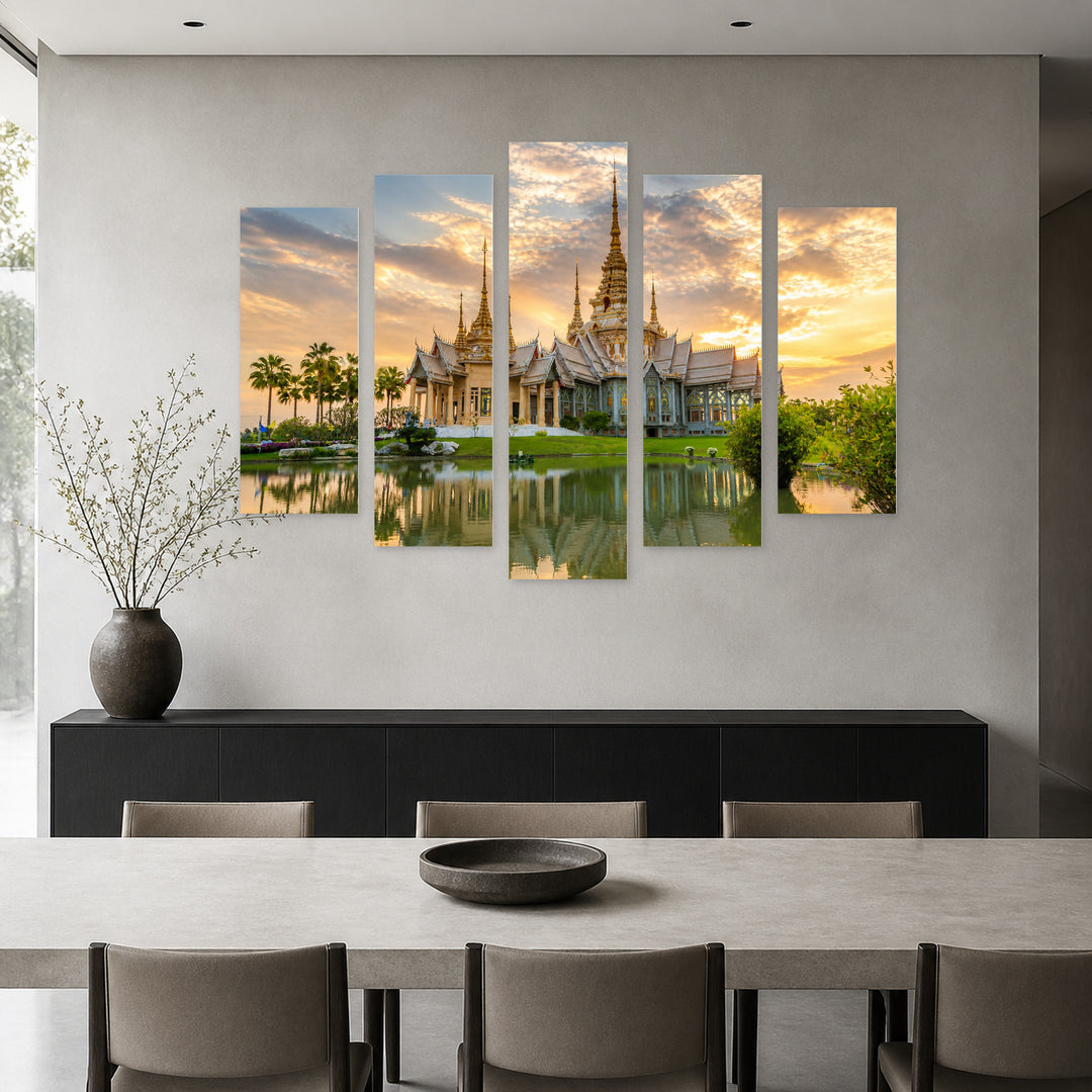 Temple in Thailand in Serene Light — five-panel wall art in alternate frontal interior | 5wallart 55607 M4