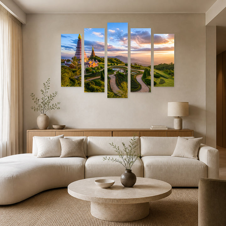 Landscape of Chiang Mai, Thailand in Vivid Color — five-panel wall art in alternate frontal interior | 5wallart 55608 M4