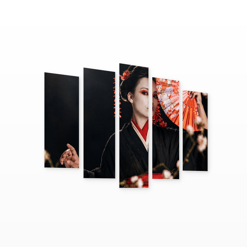 Geisha in a Black Kimono with Geometric Rhythm — five-panel wall art on white background in perspective | 5wallart 55610 M1