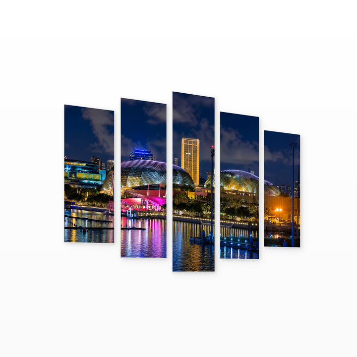 Singapore City Skyline After Dark — five-panel wall art on white background in perspective | 5wallart 55611 M1