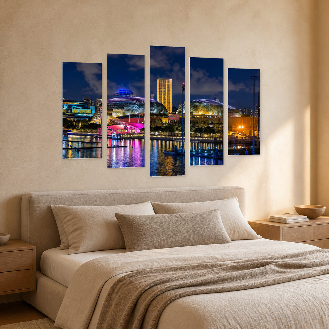 Singapore City Skyline After Dark — five-panel wall art in perspective interior | 5wallart 55611 M2