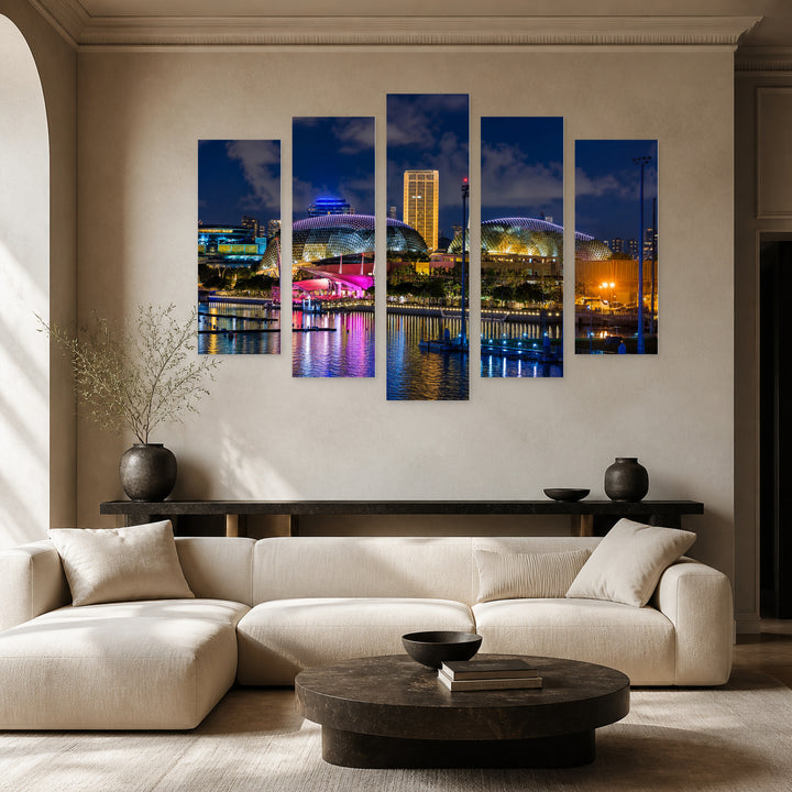 Singapore City Skyline After Dark — five-panel wall art in frontal interior | 5wallart 55611 M3