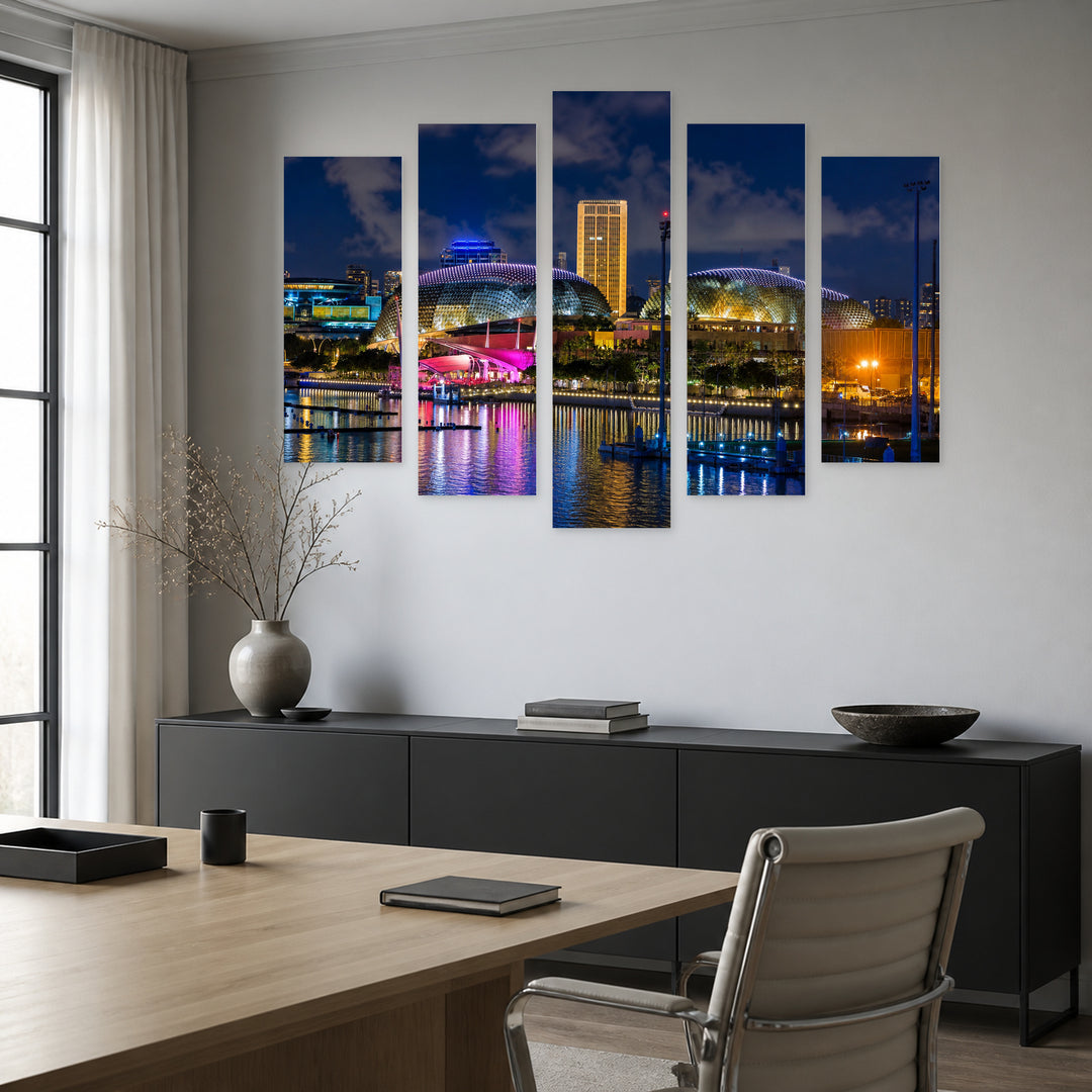 Singapore City Skyline After Dark — five-panel wall art in alternate frontal interior | 5wallart 55611 M4
