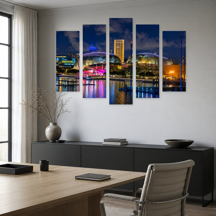 Singapore City Skyline After Dark — five-panel wall art in alternate frontal interior | 5wallart 55611 M4