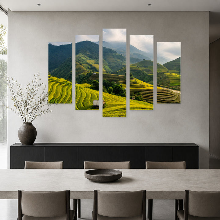 Rice Fields in Serene Light — five-panel wall art in frontal interior | 5wallart 55612 M3