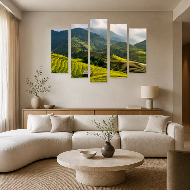 Rice Fields in Serene Light — five-panel wall art in alternate frontal interior | 5wallart 55612 M4