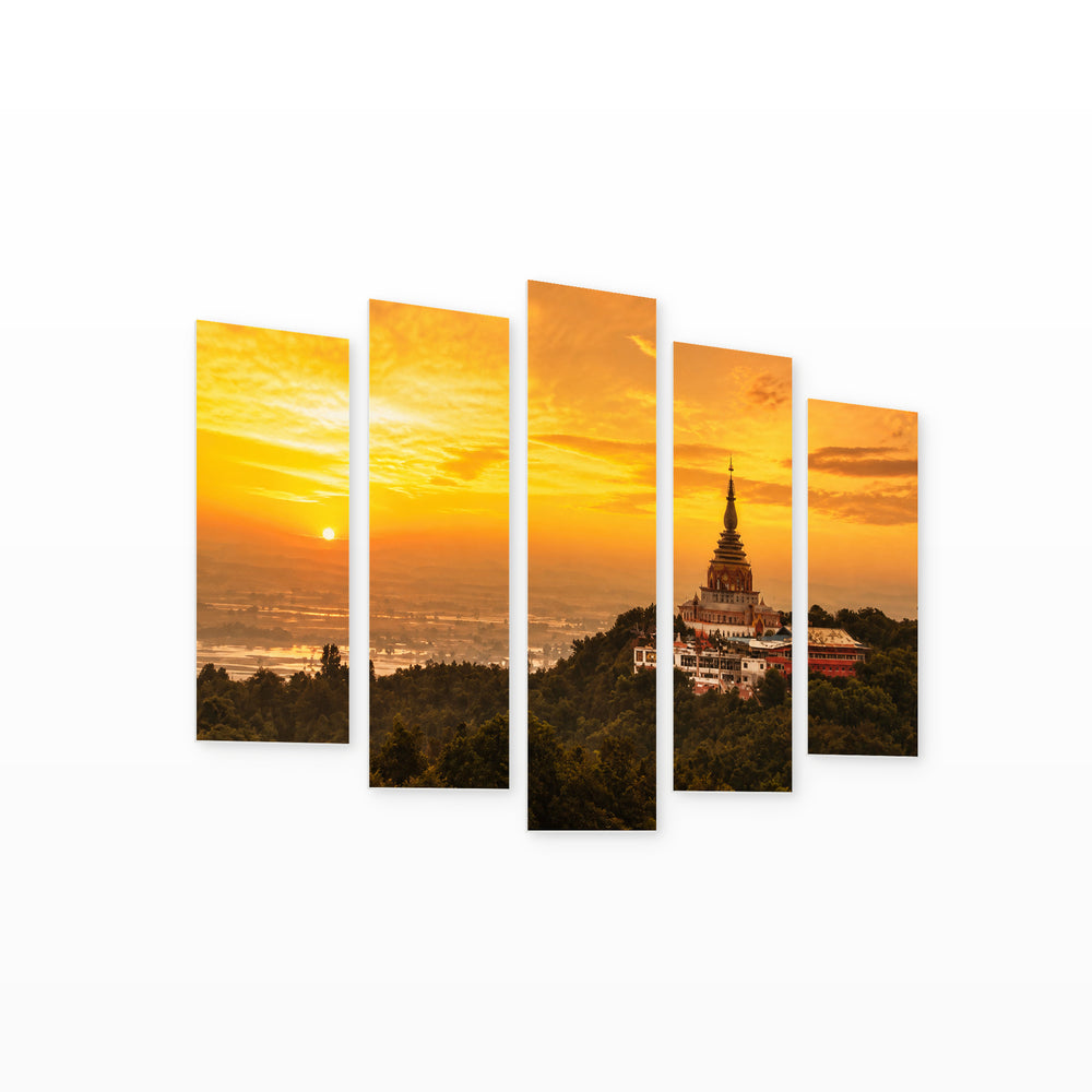 Golden Sunset over Temple — five-panel wall art on white background in perspective | 5wallart 55613 M1