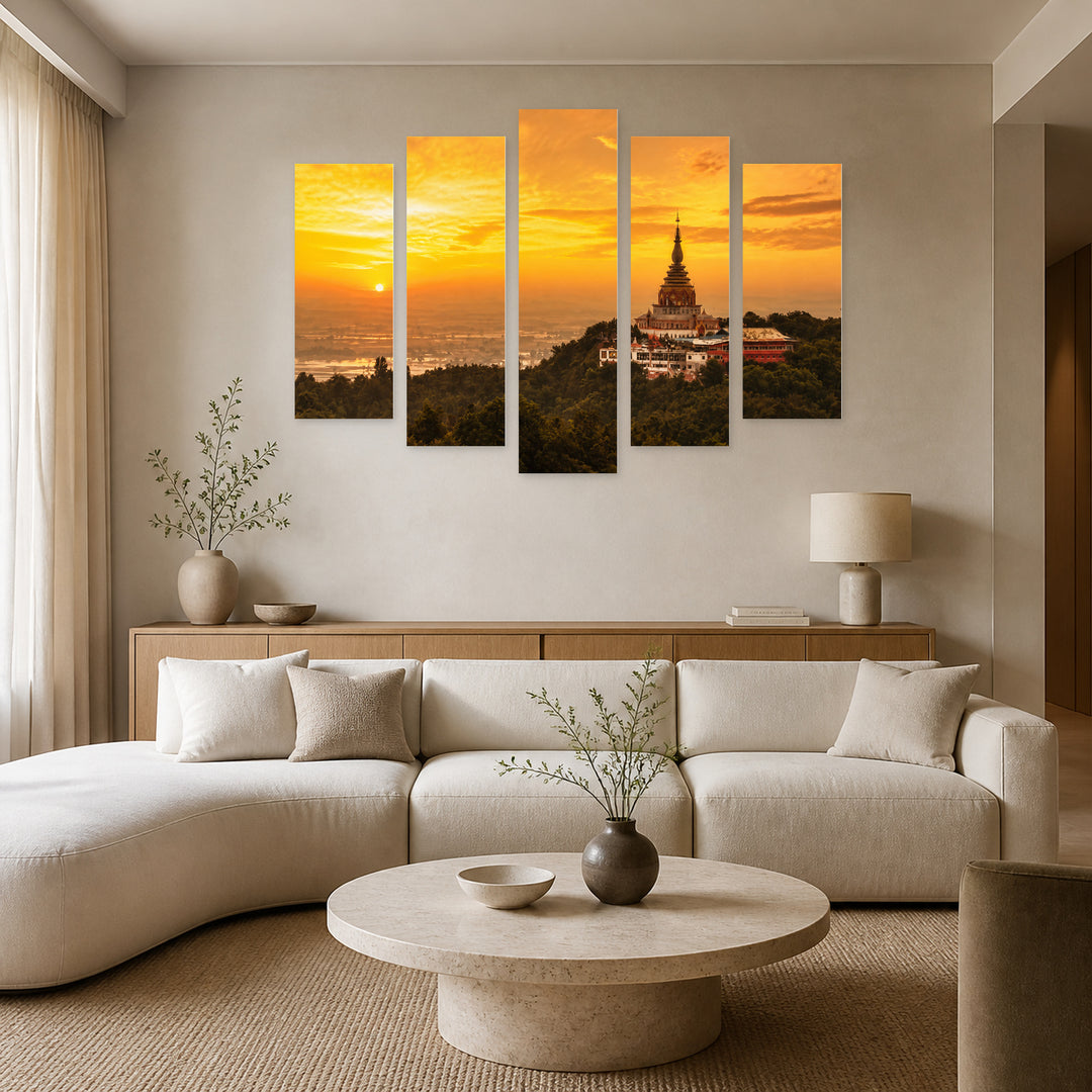 Golden Sunset over Temple — five-panel wall art in frontal interior | 5wallart 55613 M3