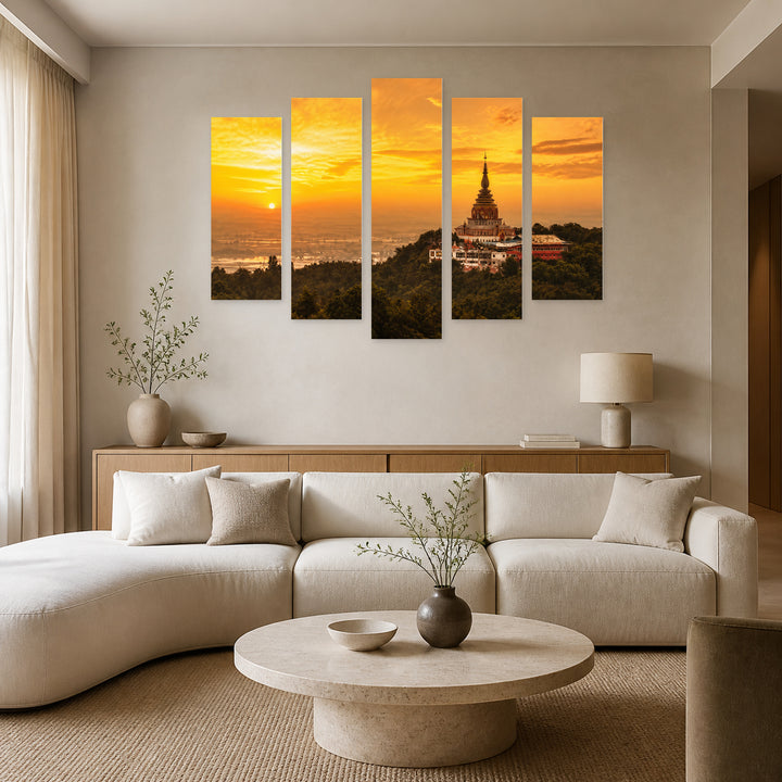 Golden Sunset over Temple — five-panel wall art in frontal interior | 5wallart 55613 M3