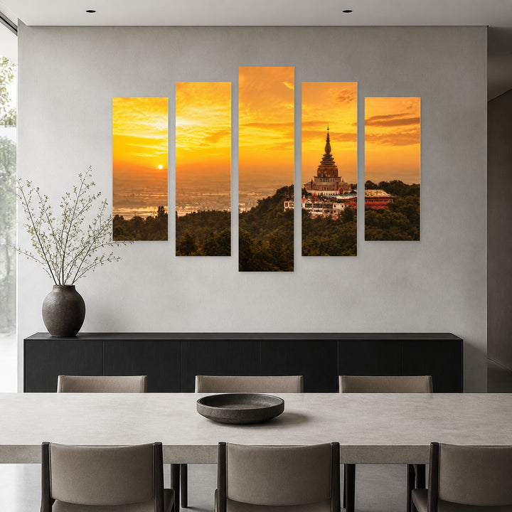 Golden Sunset over Temple — five-panel wall art in alternate frontal interior | 5wallart 55613 M4