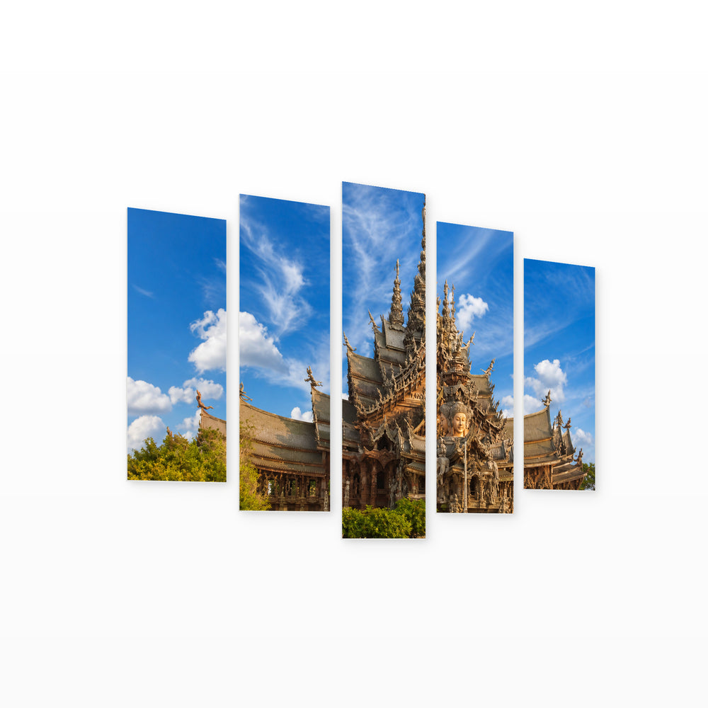Temple in Pattaya, Thailand in Vivid Color — five-panel wall art on white background in perspective | 5wallart 55614 M1