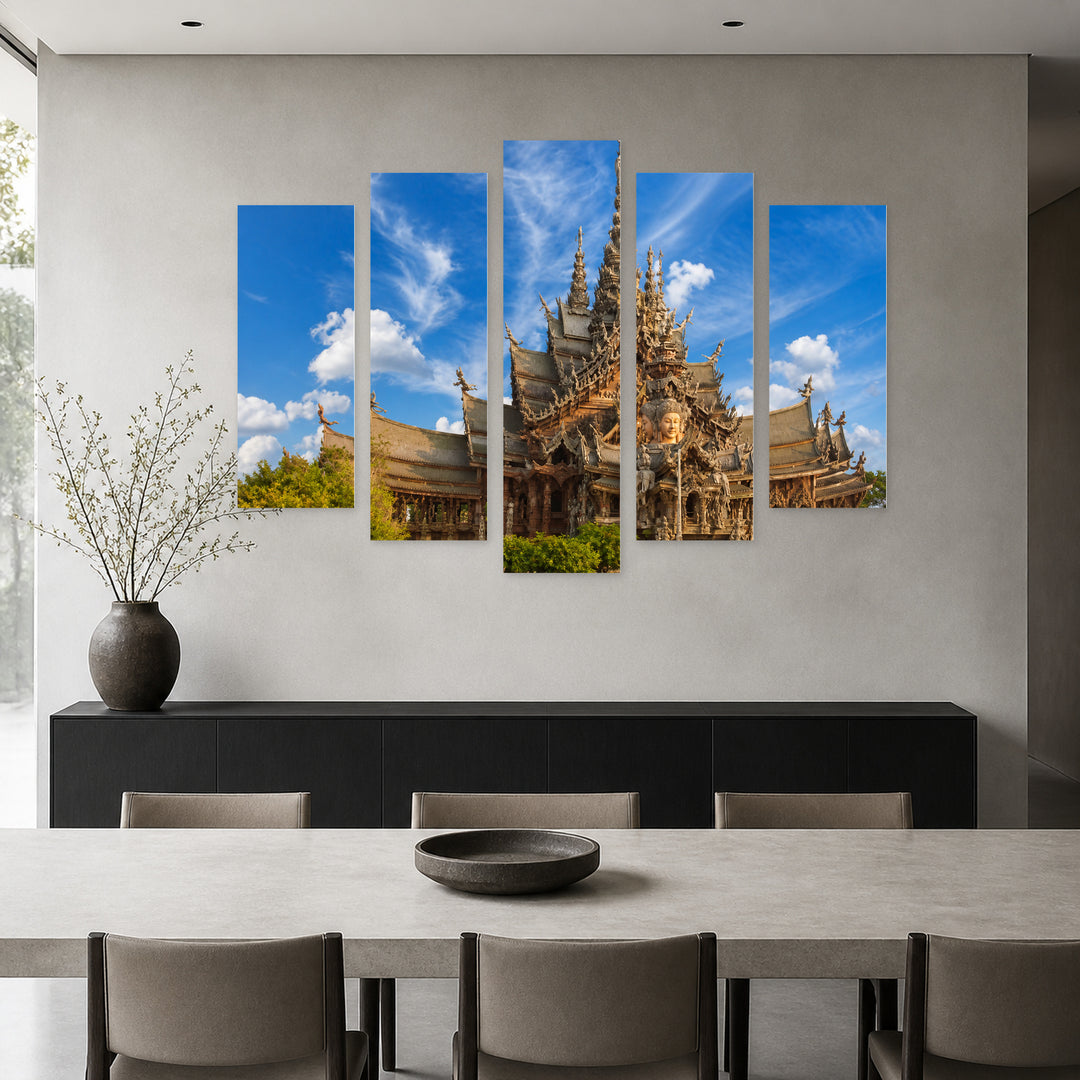 Temple in Pattaya, Thailand in Vivid Color — five-panel wall art in frontal interior | 5wallart 55614 M3