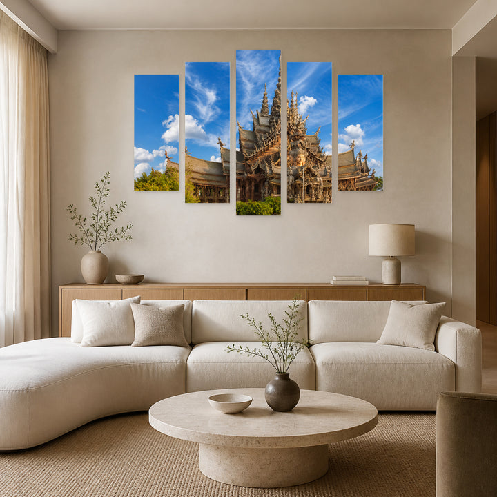Temple in Pattaya, Thailand in Vivid Color — five-panel wall art in alternate frontal interior | 5wallart 55614 M4