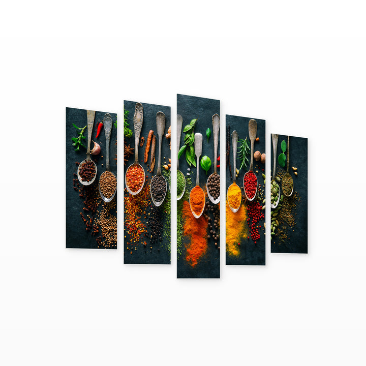 Herbs and Spices for Cooking on a Dark — five-panel wall art on white background in perspective | 5wallart 55615 M1