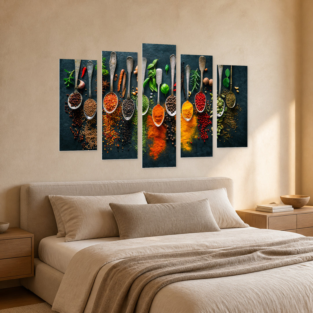 Herbs and Spices for Cooking on a Dark — five-panel wall art in perspective interior | 5wallart 55615 M2