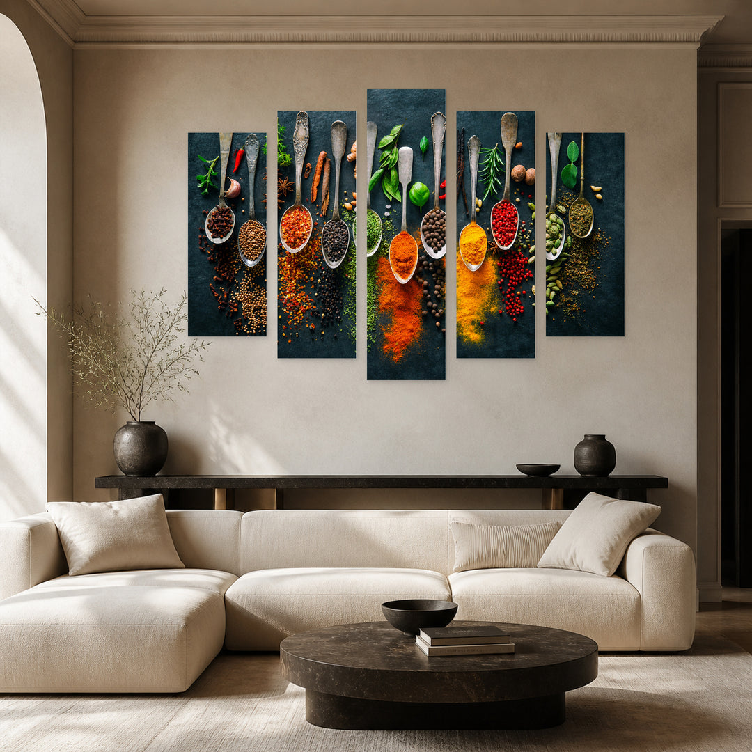 Herbs and Spices for Cooking on a Dark — five-panel wall art in frontal interior | 5wallart 55615 M3