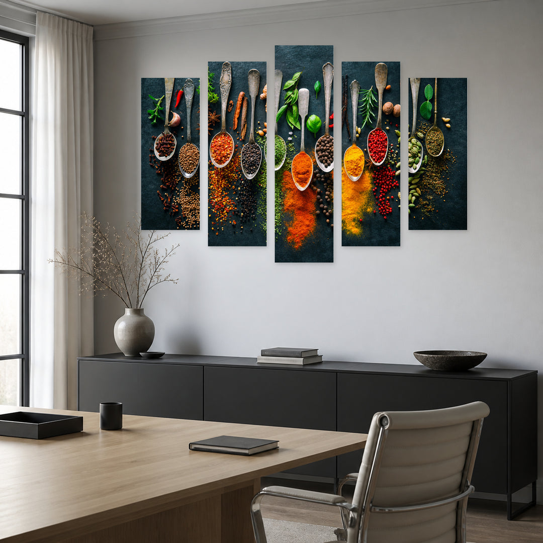 Herbs and Spices for Cooking on a Dark — five-panel wall art in alternate frontal interior | 5wallart 55615 M4