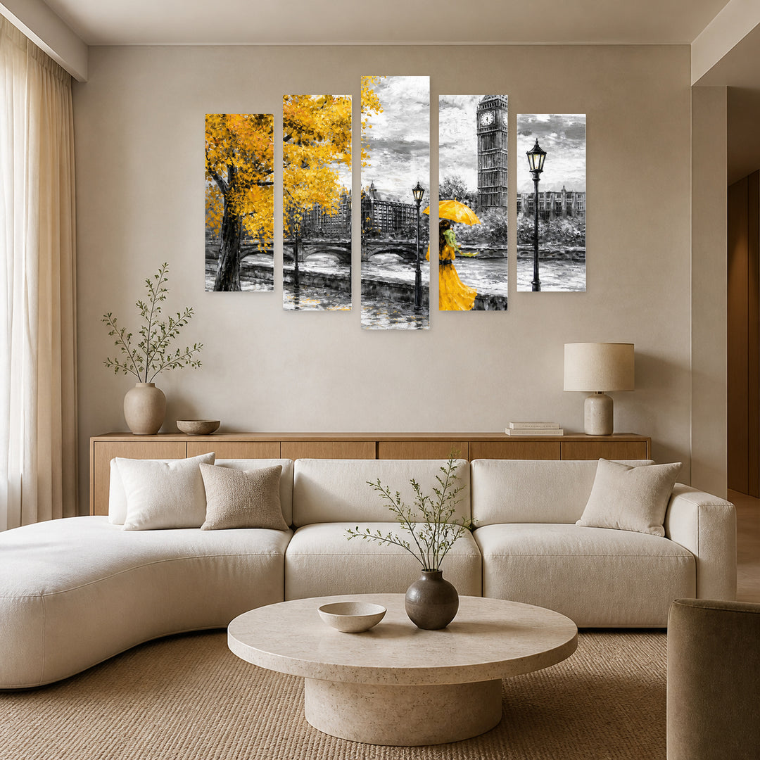 Kartina Za Sanq 2 with Geometric Rhythm — five-panel wall art in alternate frontal interior | 5wallart 55618 M4