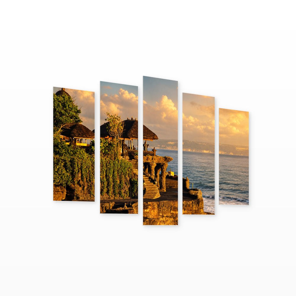 Tanah Lot Temple at Golden Sunset — five-panel wall art on white background in perspective | 5wallart 55620 M1