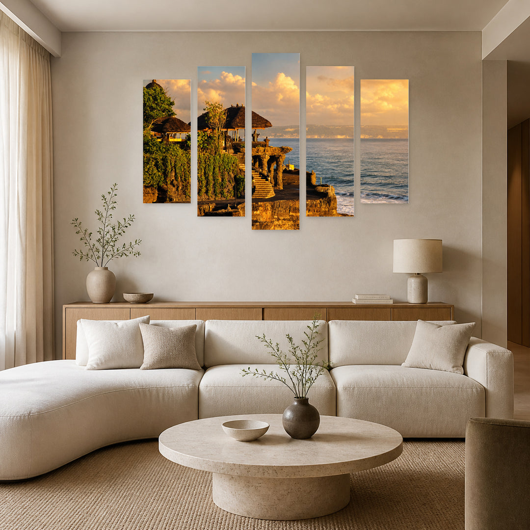 Tanah Lot Temple at Golden Sunset — five-panel wall art in alternate frontal interior | 5wallart 55620 M4