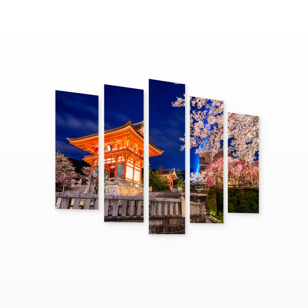 Spring Night in Kyoto with Dreamlike Atmosphere — five-panel wall art on white background in perspective | 5wallart 55621 M1