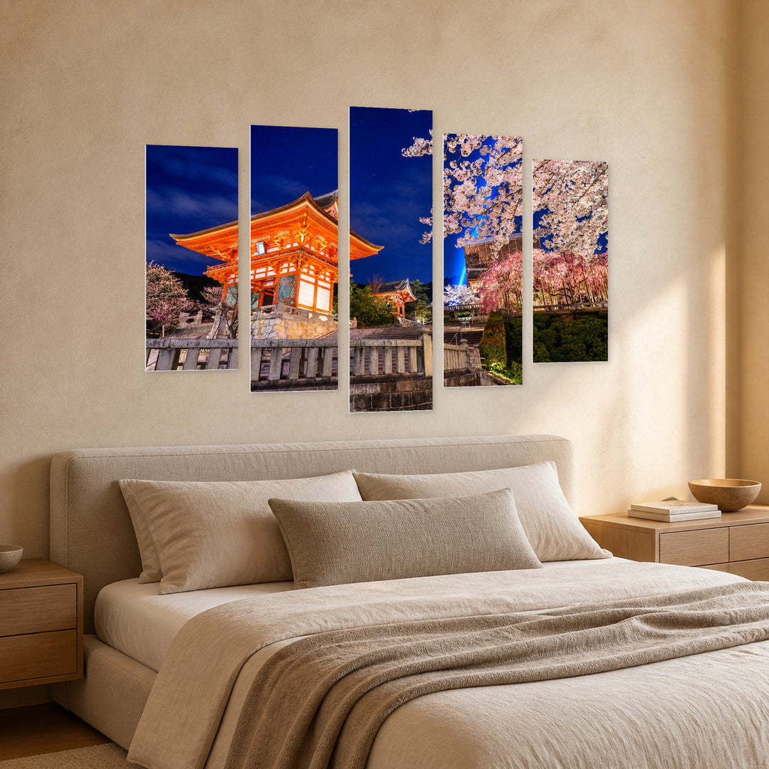 Spring Night in Kyoto with Dreamlike Atmosphere — five-panel wall art in perspective interior | 5wallart 55621 M2