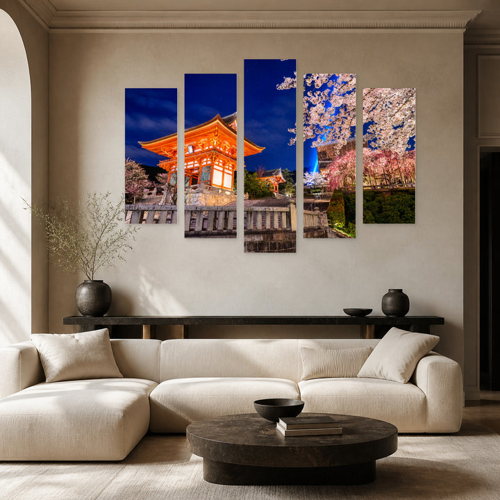 Spring Night in Kyoto with Dreamlike Atmosphere — five-panel wall art in frontal interior | 5wallart 55621 M3