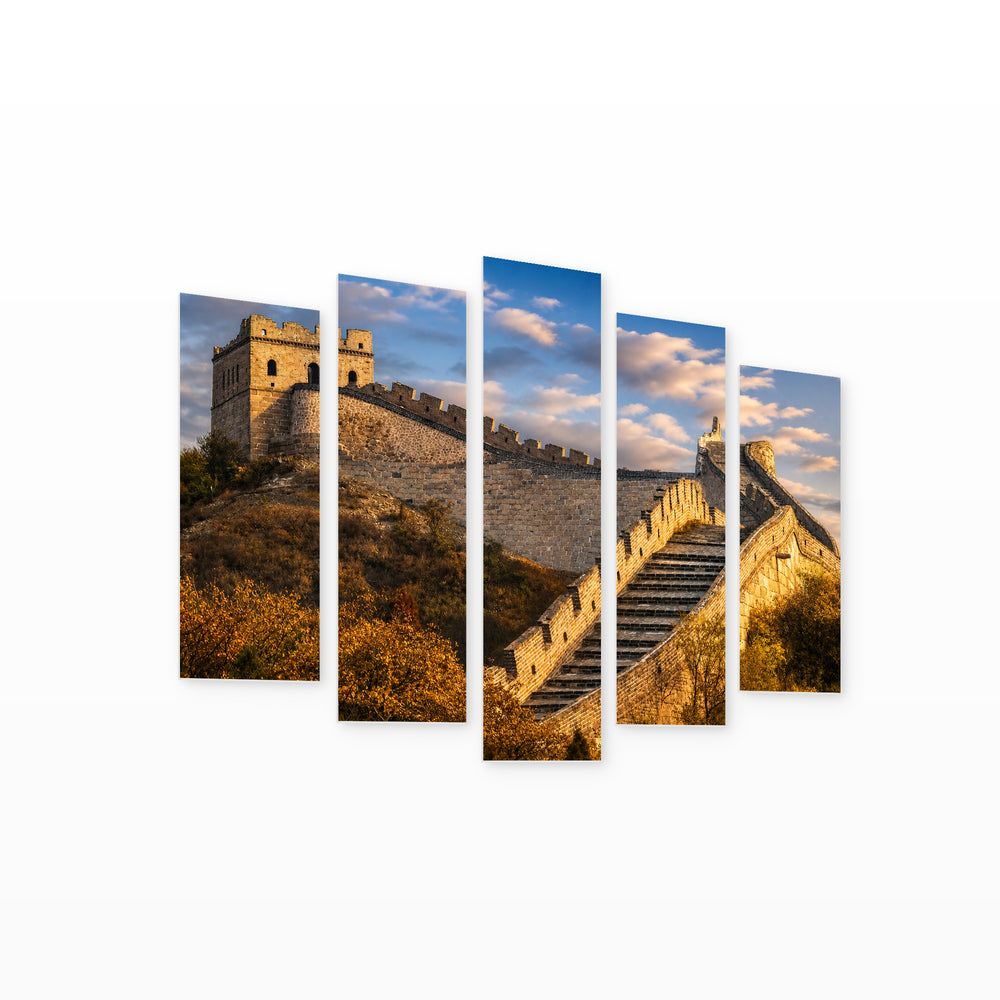 Great Wall of China in Blue and Gold — five-panel wall art on white background in perspective | 5wallart 55622 M1