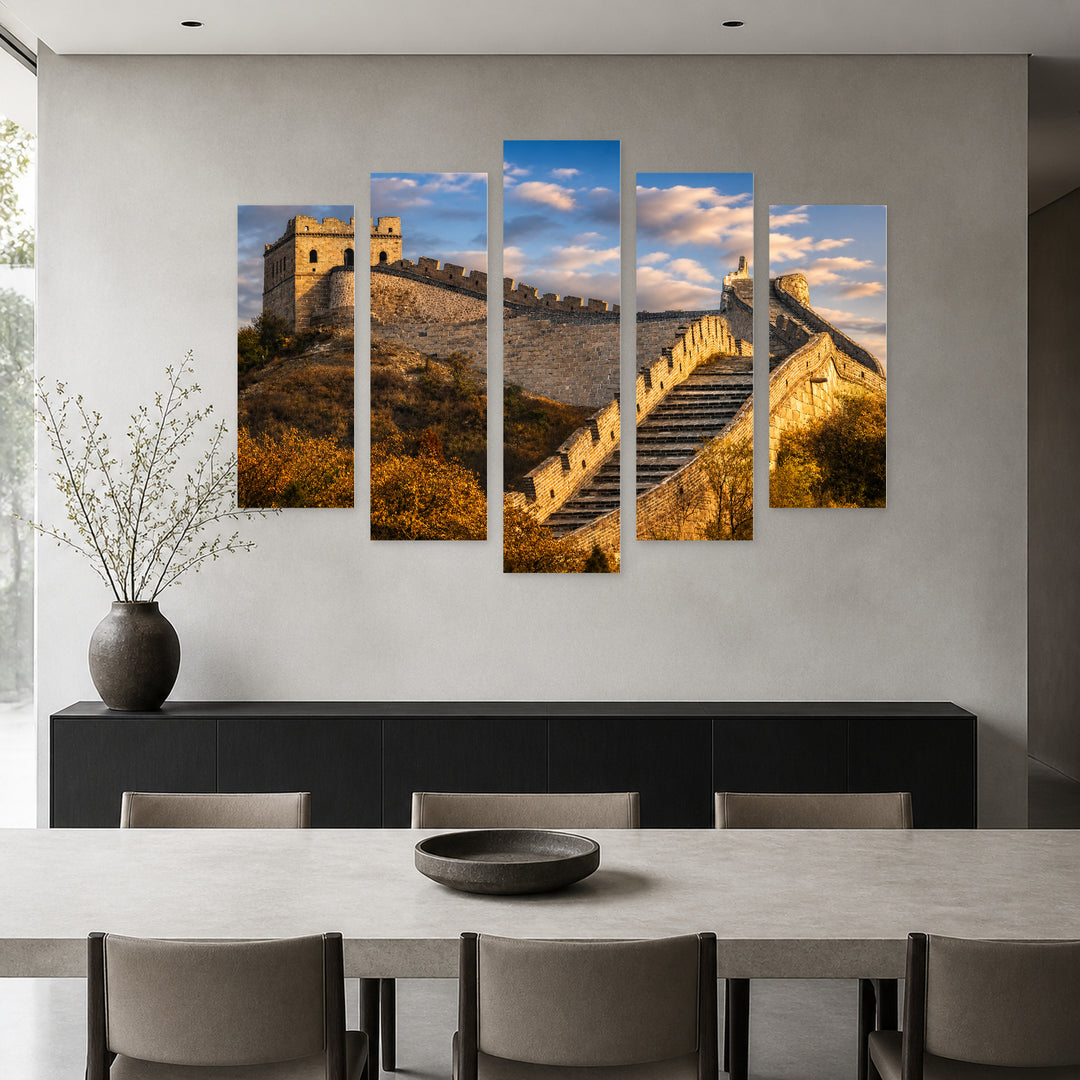 Great Wall of China in Blue and Gold — five-panel wall art in frontal interior | 5wallart 55622 M3