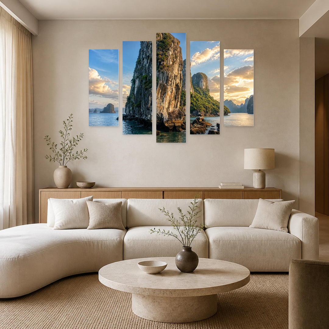 Mysterious Island in Asia in Blue and Gold — five-panel wall art in frontal interior | 5wallart 55623 M3