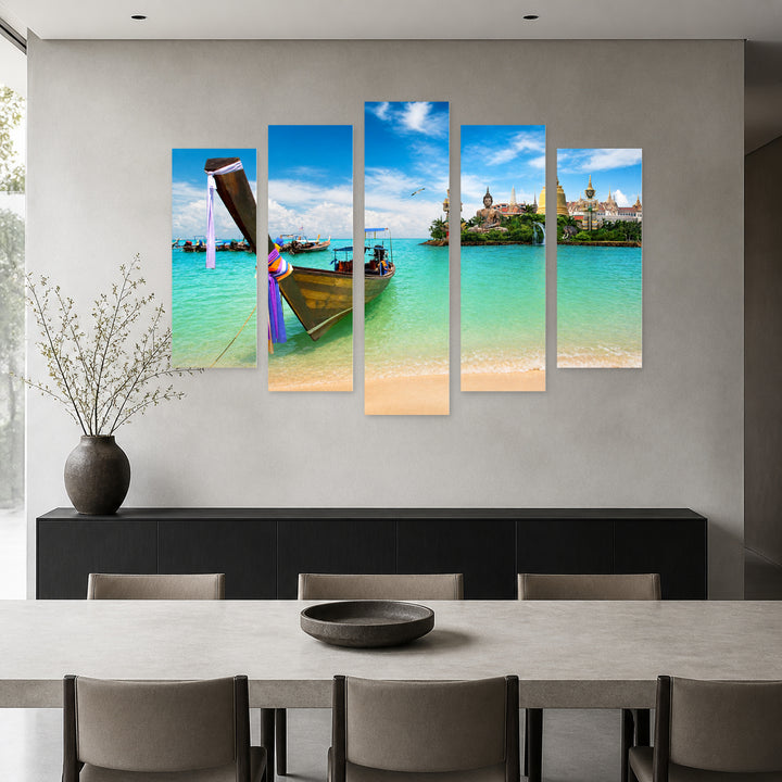 Boat Trip with Dreamlike Atmosphere — five-panel wall art in frontal interior | 5wallart 55624 M3