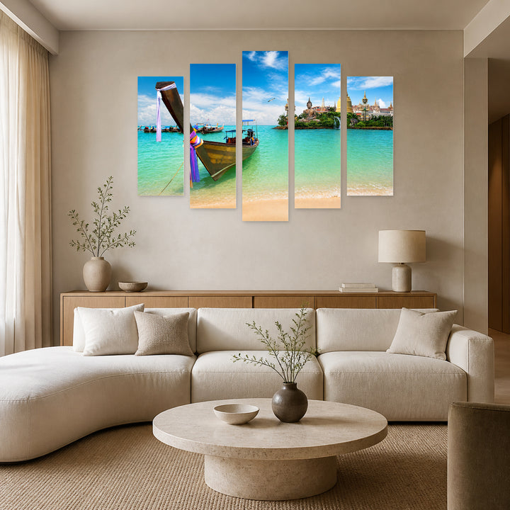 Boat Trip with Dreamlike Atmosphere — five-panel wall art in alternate frontal interior | 5wallart 55624 M4