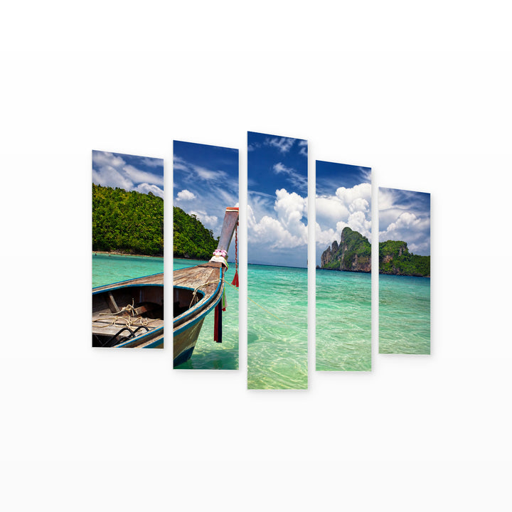 Boat in Tropical Sea in Serene Light — five-panel wall art on white background in perspective | 5wallart 55625 M1