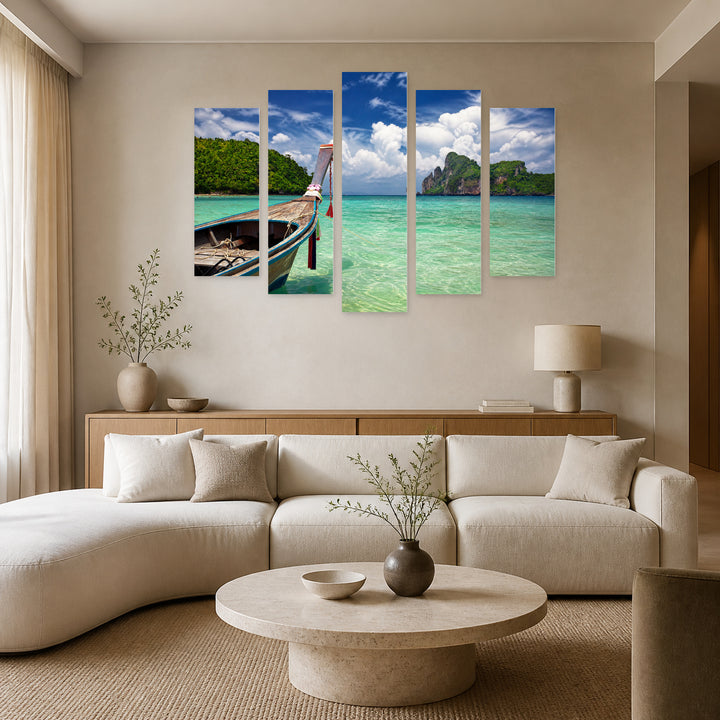 Boat in Tropical Sea in Serene Light — five-panel wall art in frontal interior | 5wallart 55625 M3