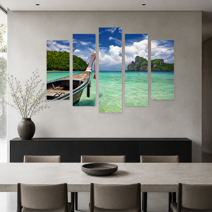 Boat in Tropical Sea in Serene Light — five-panel wall art in alternate frontal interior | 5wallart 55625 M4