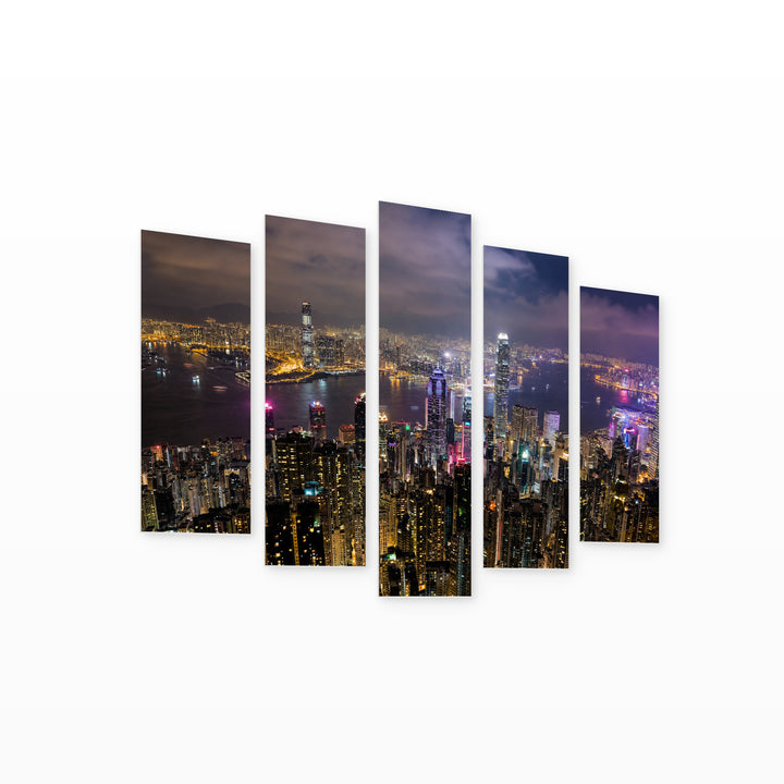 Nighttime Hong Kong Urban Panorama — five-panel wall art on white background in perspective | 5wallart 55626 M1