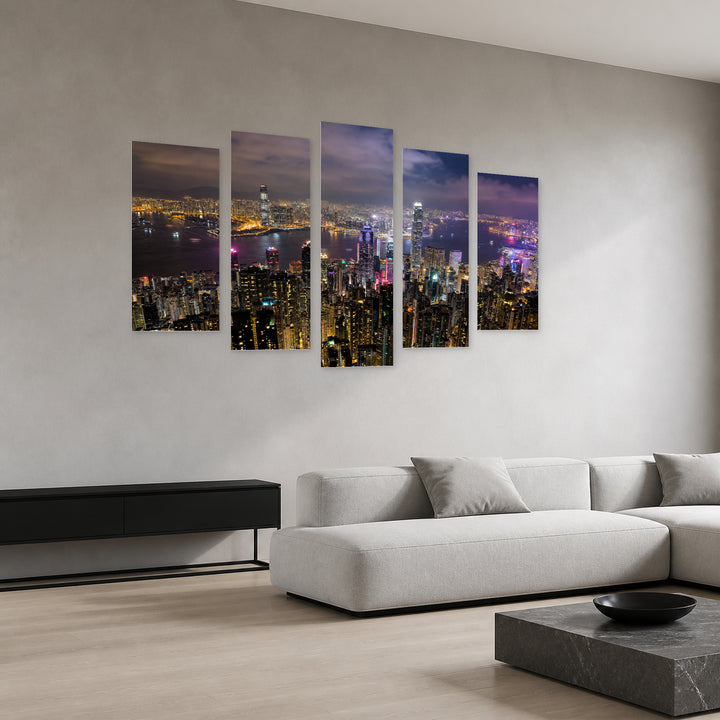 Nighttime Hong Kong Urban Panorama — five-panel wall art in perspective interior | 5wallart 55626 M2